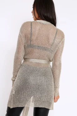 Rebellious Fashion Gold Metallic Knit Cardigan - Celina