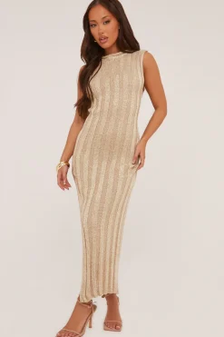Rebellious Fashion Gold Metallic Knit Twist Back Maxi Dress - Annrose