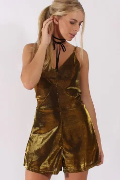 Rebellious Fashion Gold Metallic Playsuit - Citron