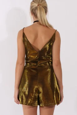 Rebellious Fashion Gold Metallic Playsuit - Citron