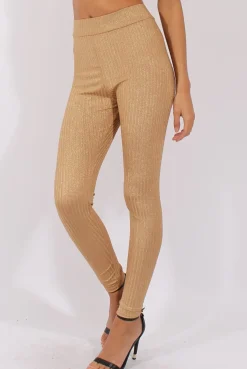 Rebellious Fashion Gold Metallic Ribbed High Waisted Leggings - Yasmin