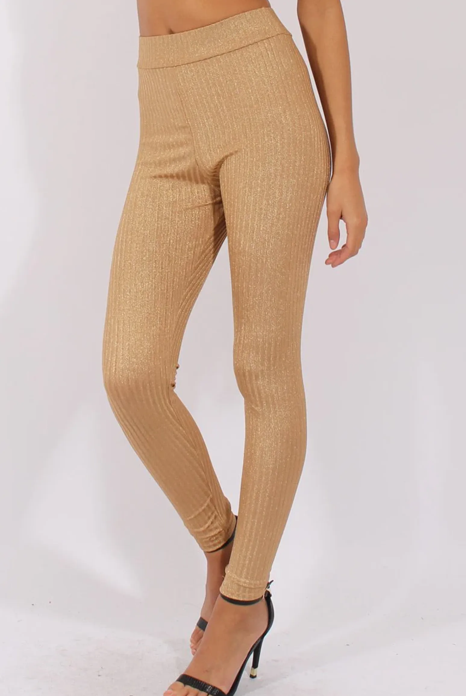 Rebellious Fashion Gold Metallic Ribbed High Waisted Leggings - Yasmin