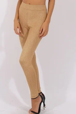 Rebellious Fashion Gold Metallic Ribbed High Waisted Leggings - Yasmin