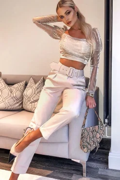 Rebellious Fashion Gold Metallic Sequin Embellished Crop Top - Bronte
