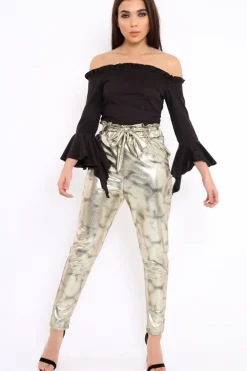 Rebellious Fashion Gold Metallic Tie Waist Trousers - Brigette