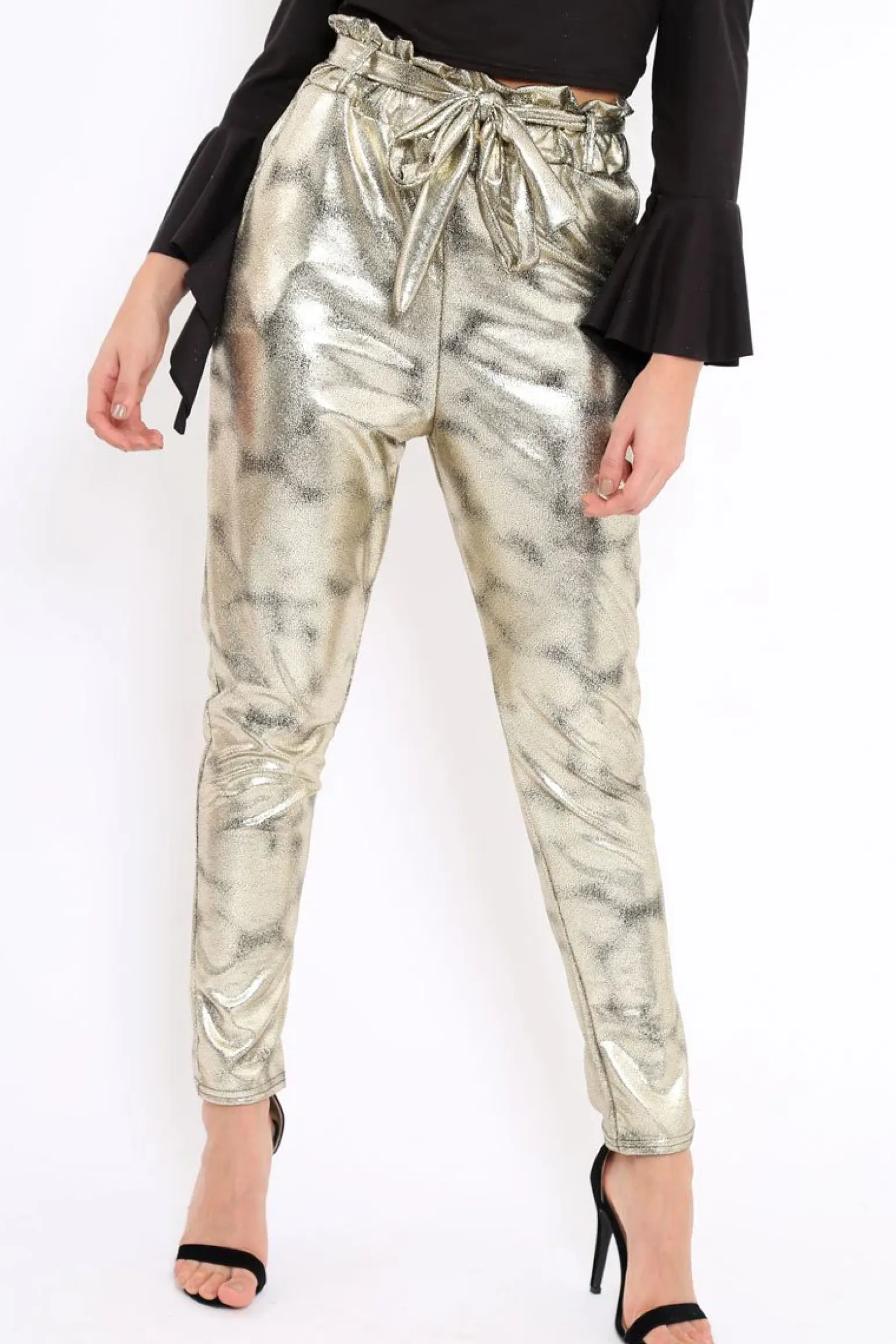 Rebellious Fashion Gold Metallic Tie Waist Trousers - Brigette