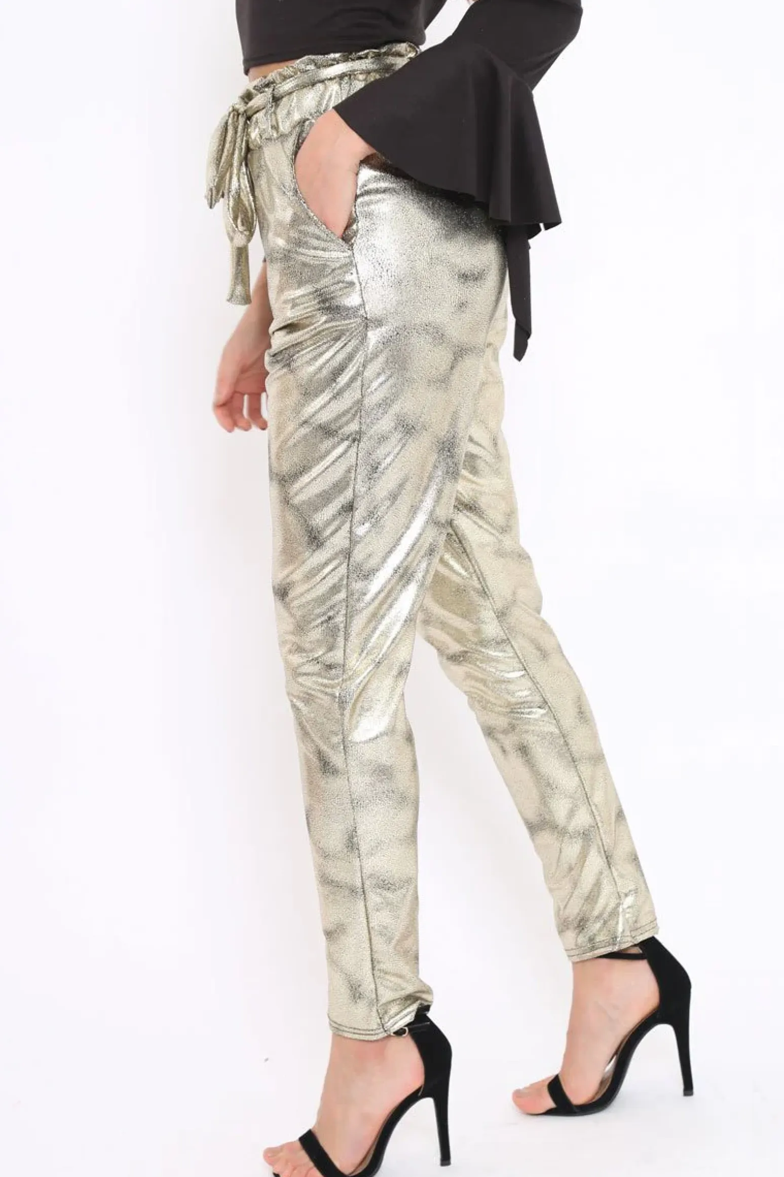 Rebellious Fashion Gold Metallic Tie Waist Trousers - Brigette