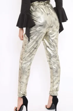 Rebellious Fashion Gold Metallic Tie Waist Trousers - Brigette