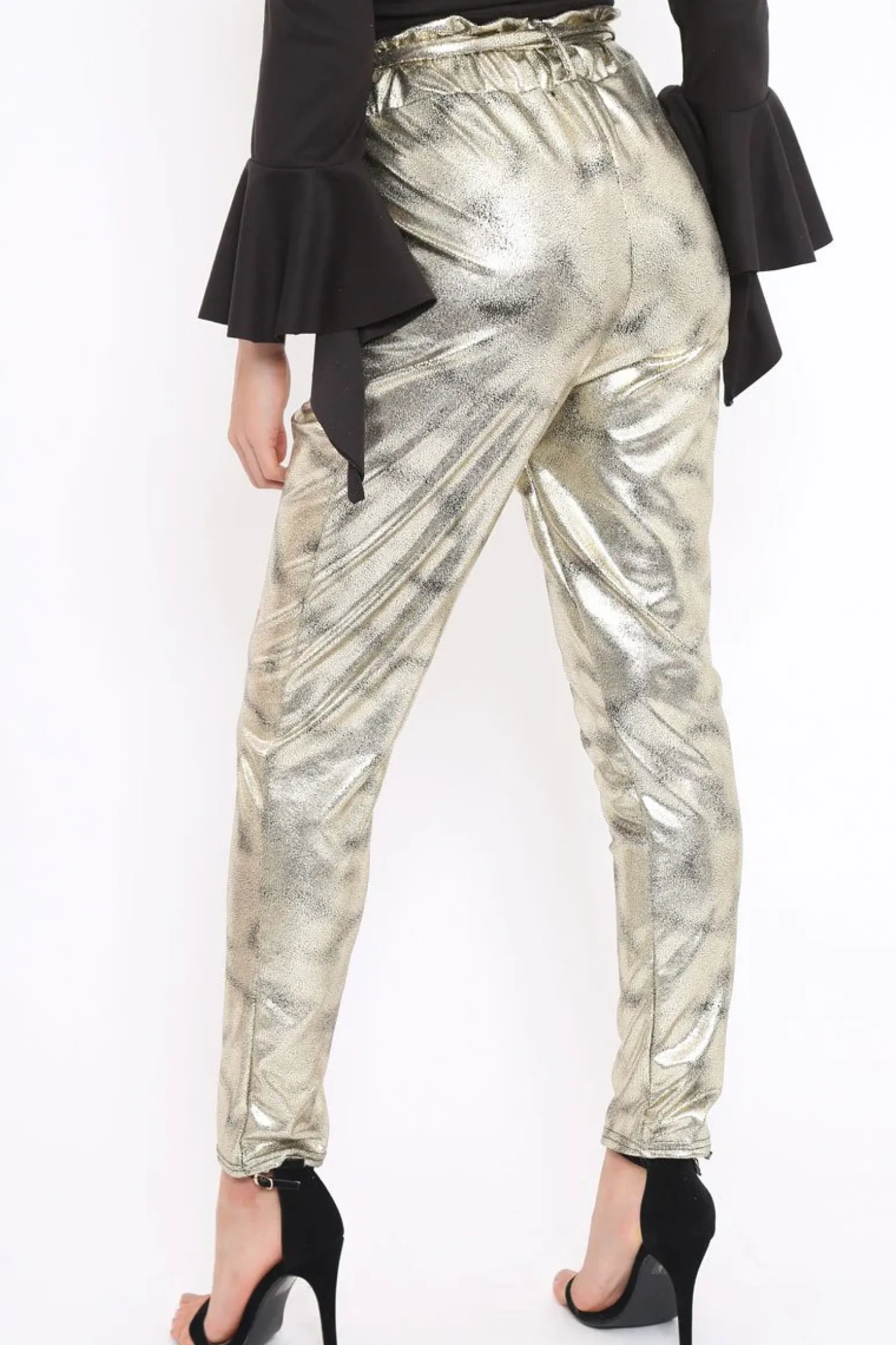 Rebellious Fashion Gold Metallic Tie Waist Trousers - Brigette