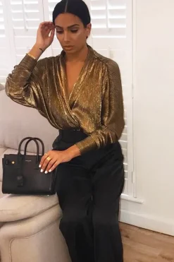 Rebellious Fashion Gold Pleated Ruched Sleeve Plunge Bodysuit - Wynona