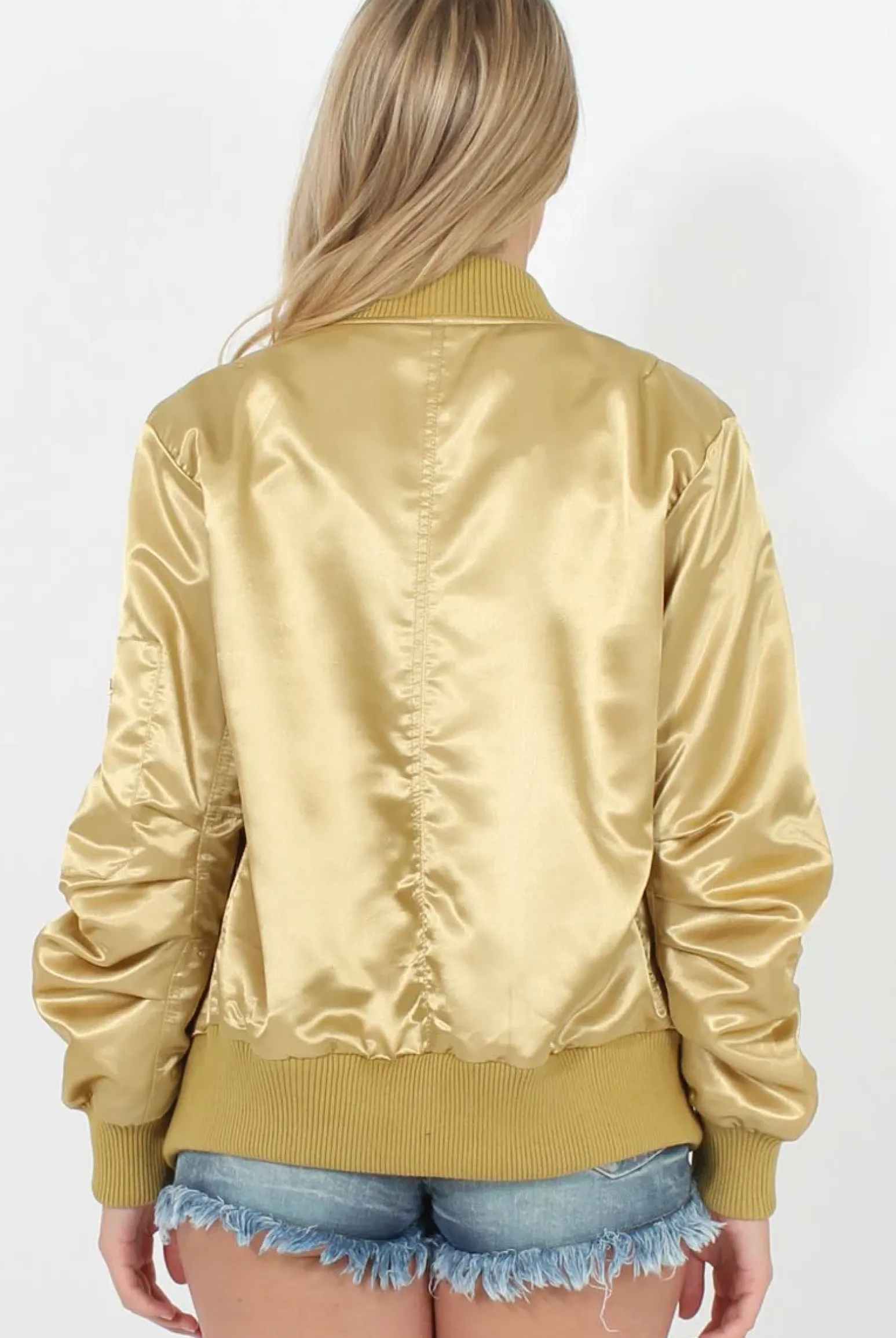 Rebellious Fashion Gold Satin Bomber Jacket - Neve