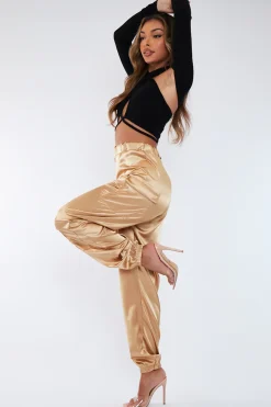 Rebellious Fashion Gold Satin Cargo Trousers - Maeve