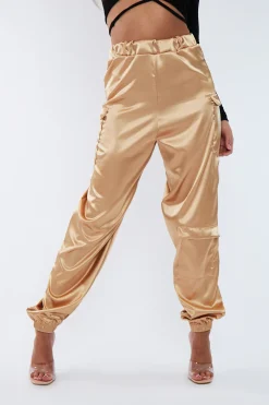 Rebellious Fashion Gold Satin Cargo Trousers - Maeve