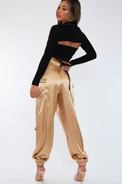 Rebellious Fashion Gold Satin Cargo Trousers - Maeve
