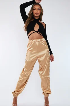 Rebellious Fashion Gold Satin Cargo Trousers - Maeve
