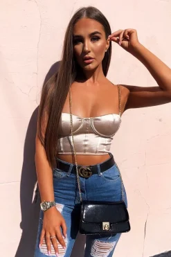 Rebellious Fashion Gold Satin Corset Detail Chain Strap Crop Top - Vinisha