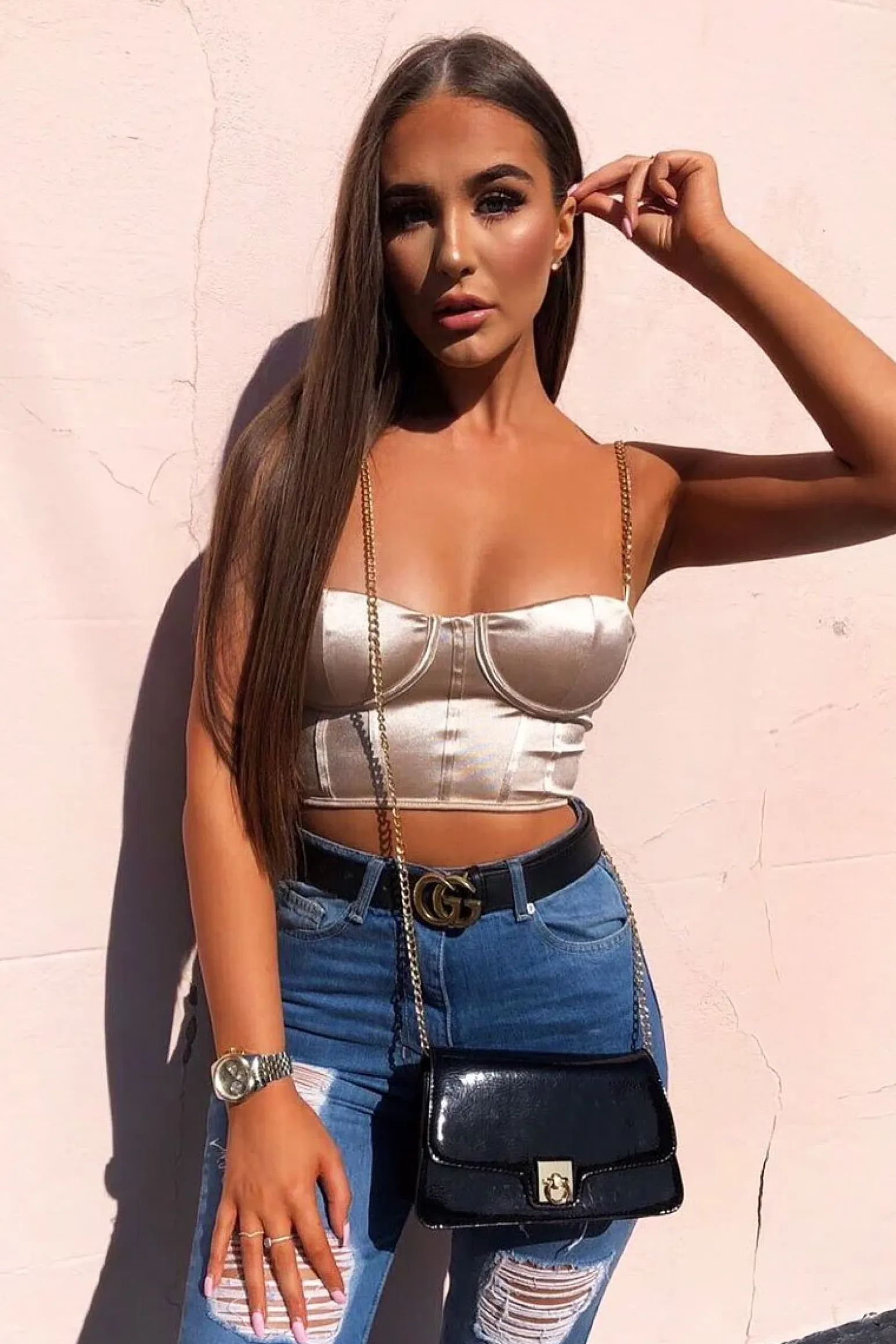 Rebellious Fashion Gold Satin Corset Detail Chain Strap Crop Top - Vinisha