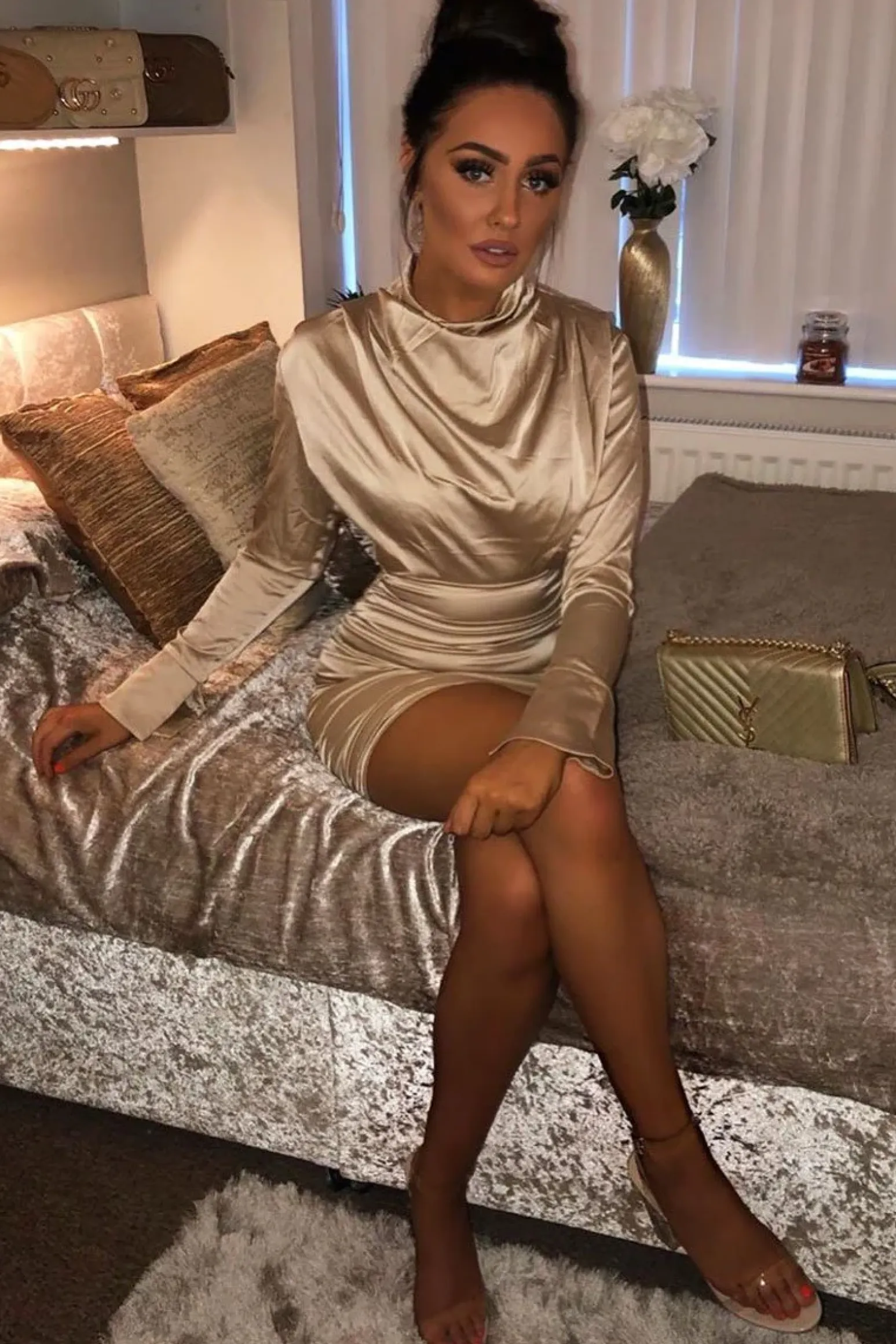Rebellious Fashion Gold Satin High Neck Ruched Side Detail Dress - Rae