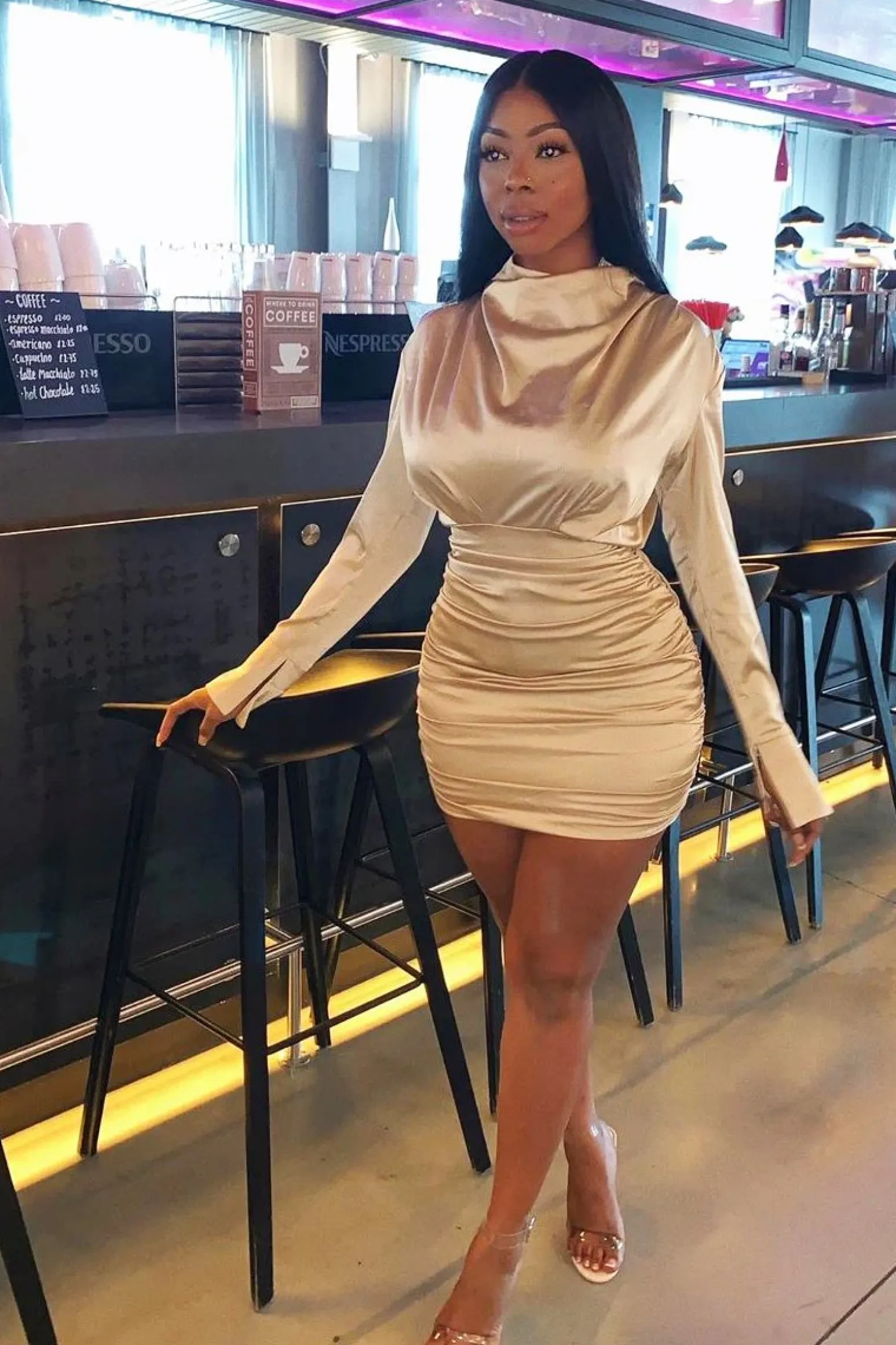 Rebellious Fashion Gold Satin High Neck Ruched Side Detail Dress - Rae