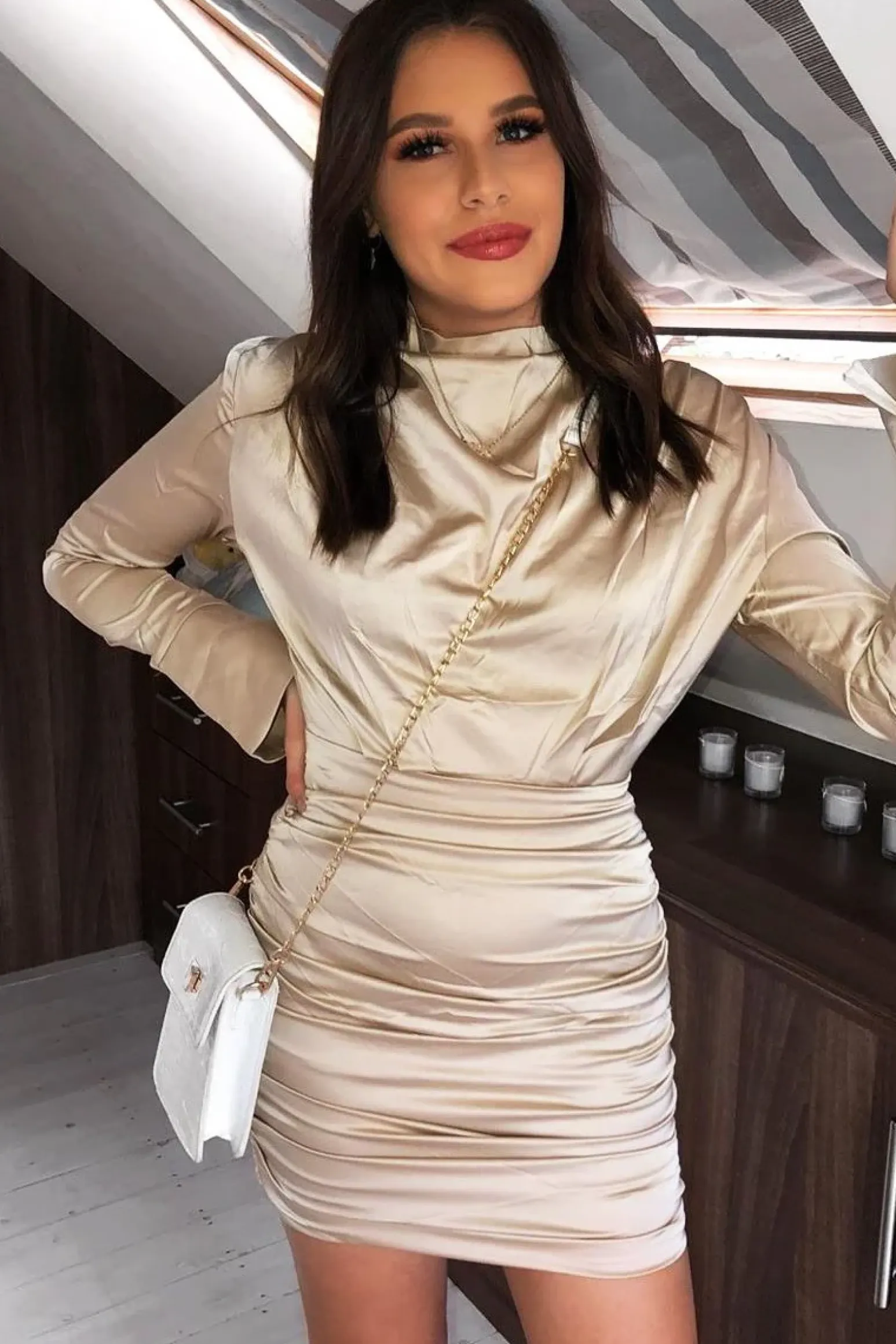 Rebellious Fashion Gold Satin High Neck Ruched Side Detail Dress - Rae