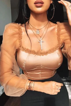 Rebellious Fashion Gold Satin Mesh Sleeve Ruched Detail Crop Top - Rya