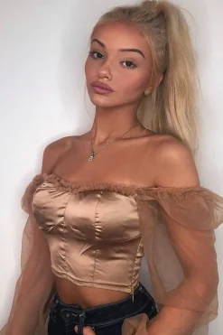 Rebellious Fashion Gold Satin Mesh Sleeve Ruched Detail Crop Top - Rya