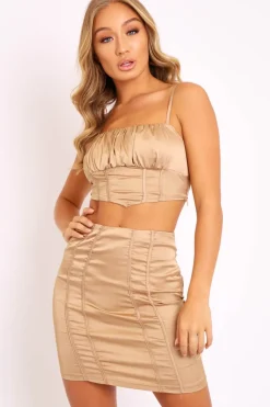 Rebellious Fashion Gold Satin Ruched Crop Top Seam Detail Skirt Co-ord - Dailah