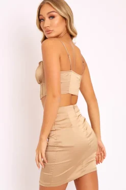 Rebellious Fashion Gold Satin Ruched Crop Top Seam Detail Skirt Co-ord - Dailah