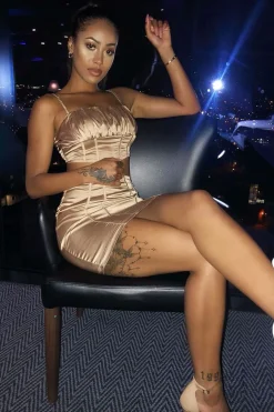 Rebellious Fashion Gold Satin Ruched Crop Top Seam Detail Skirt Co-ord - Dailah