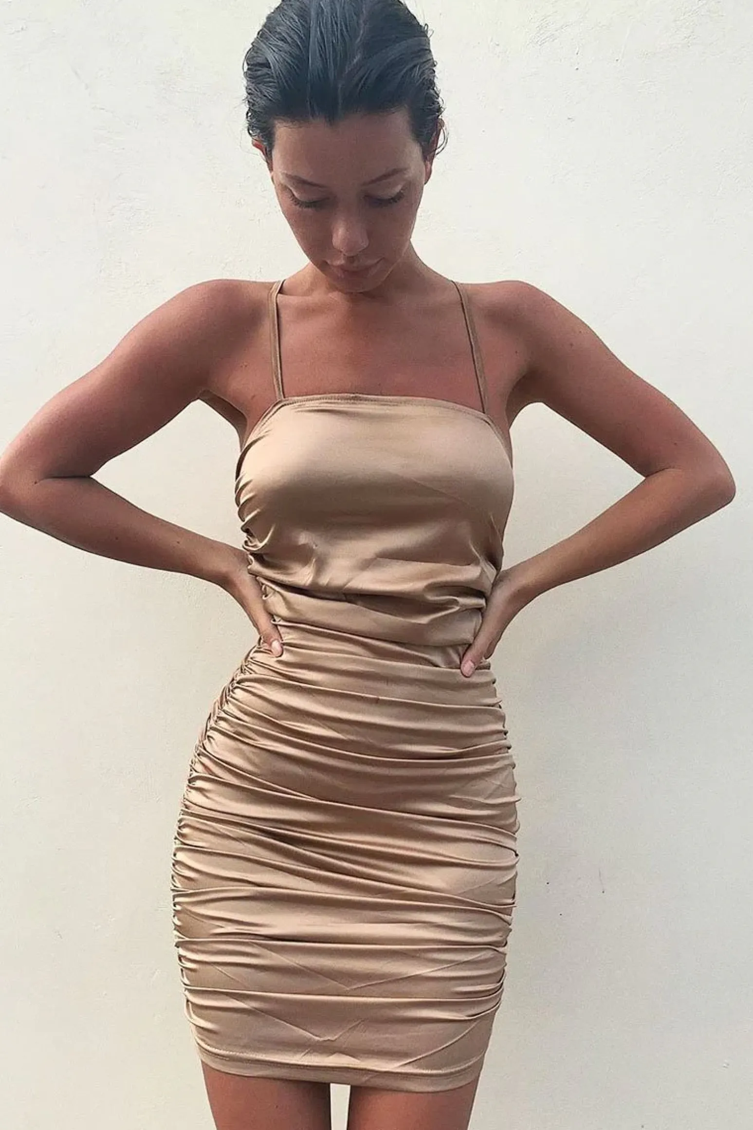 Rebellious Fashion Gold Satin Strappy Cross Back Ruched Dress - Catarina