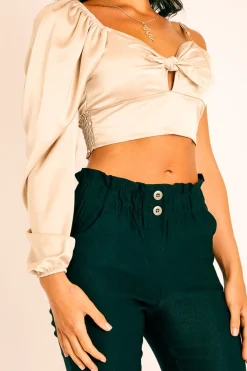 Rebellious Fashion Gold Satin Tie Detail One Sleeve Crop Top - Joni