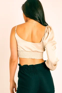 Rebellious Fashion Gold Satin Tie Detail One Sleeve Crop Top - Joni