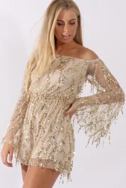 Rebellious Fashion Gold Sequin Bardot Playsuit - Sadira