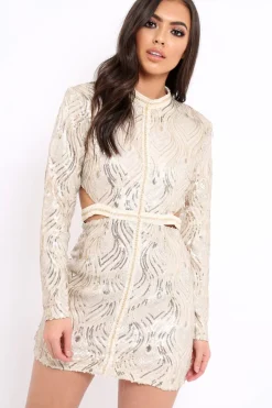 Rebellious Fashion Gold Sequin Cut Out Back Mini Dress - Hera