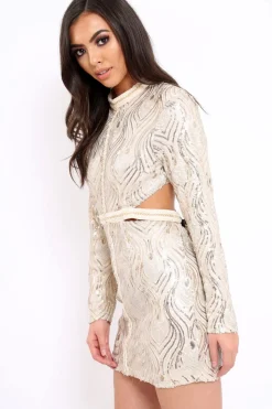 Rebellious Fashion Gold Sequin Cut Out Back Mini Dress - Hera