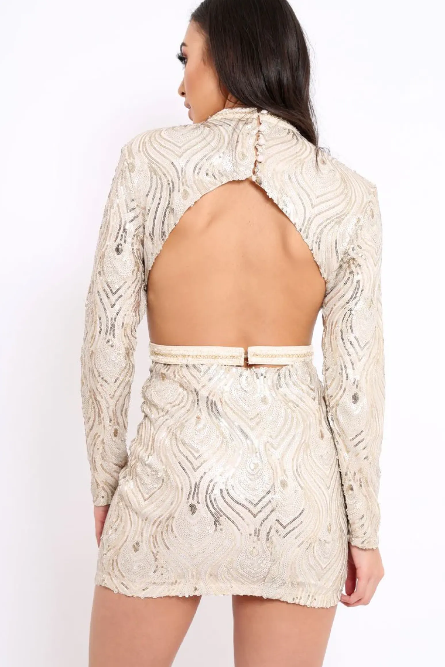 Rebellious Fashion Gold Sequin Cut Out Back Mini Dress - Hera