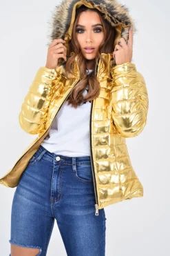 Rebellious Fashion Gold Wet Look Puffer Coat - Soph