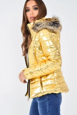 Rebellious Fashion Gold Wet Look Puffer Coat - Soph