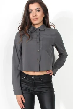Rebellious Fashion Grace Dark Grey Long Sleeved Cropped Shirt