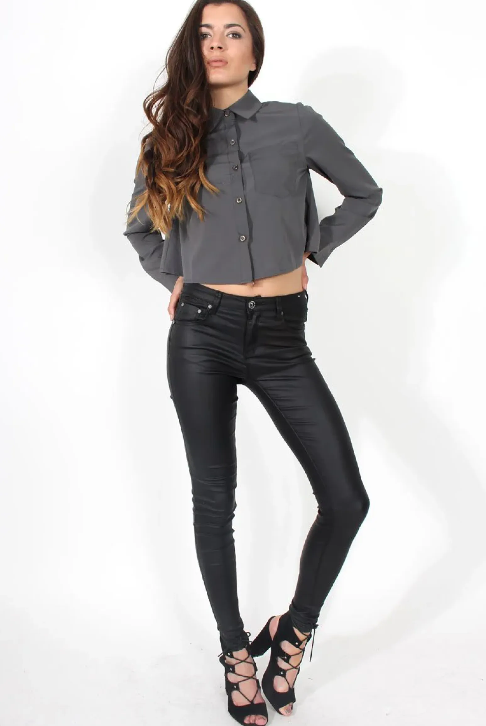 Rebellious Fashion Grace Dark Grey Long Sleeved Cropped Shirt