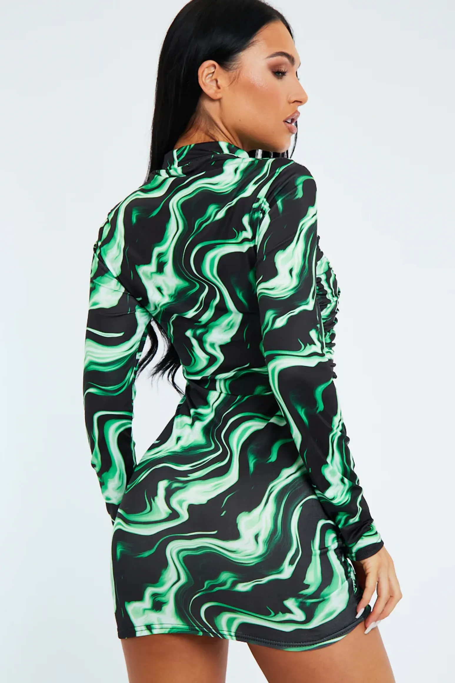 Rebellious Fashion Green Abstract Print Ruched Front Mini Dress - Vara