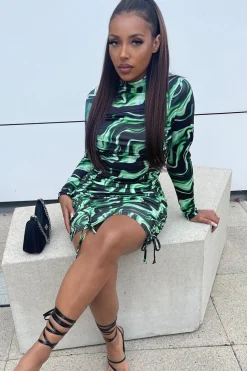 Rebellious Fashion Green Abstract Print Ruched Front Mini Dress - Vara