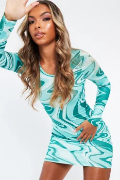 Rebellious Fashion Green Abstract Slinky Long Sleeve Bodycon Mini Dress - Levie