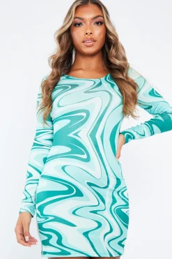Rebellious Fashion Green Abstract Slinky Long Sleeve Bodycon Mini Dress - Levie