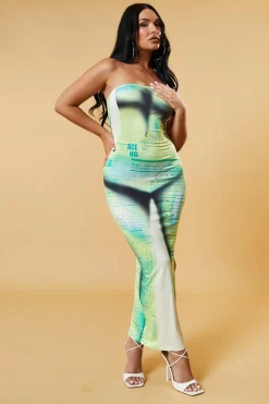 Rebellious Fashion Green Body Print Bandeau Maxi Dress - Anna