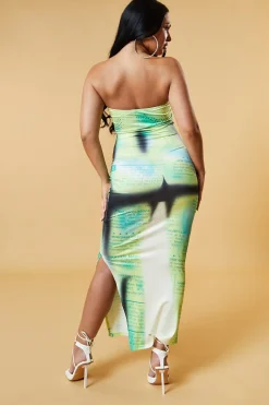 Rebellious Fashion Green Body Print Bandeau Maxi Dress - Anna