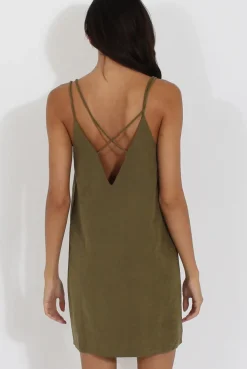 Rebellious Fashion Green Faux Suede Strappy Back Slip Dress - Sylvie