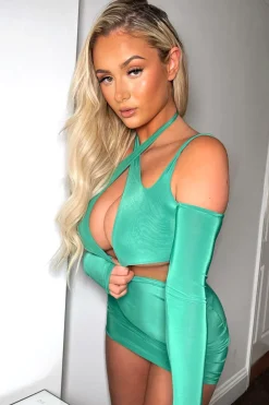 Rebellious Fashion Green Halter Neck Cut Out Slinky Mini Dress - Lessie
