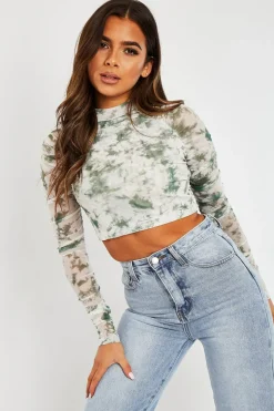 Rebellious Fashion Green Marble Ruched Inside Mesh Crop Top - Mally
