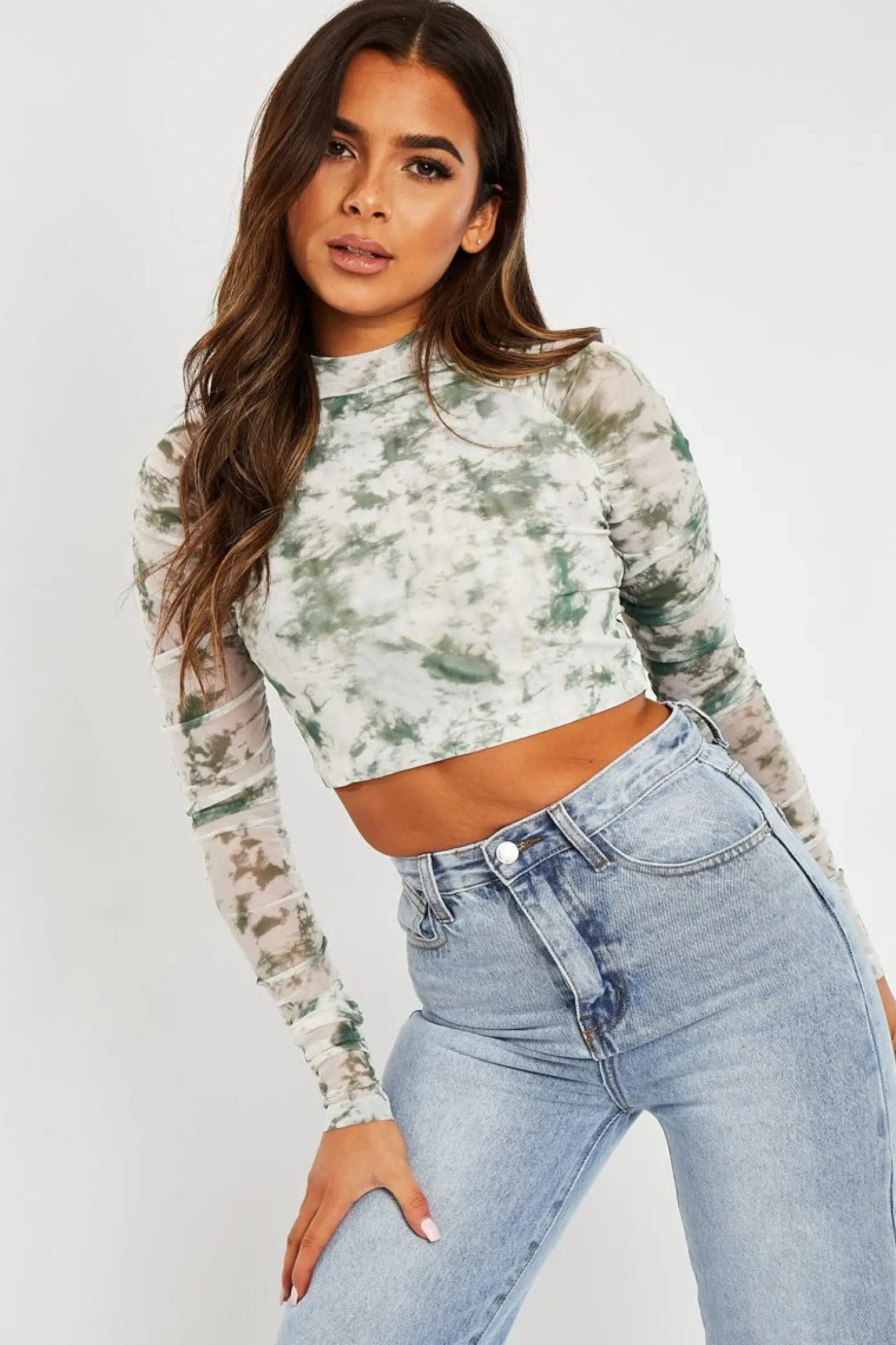 Rebellious Fashion Green Marble Ruched Inside Mesh Crop Top - Mally